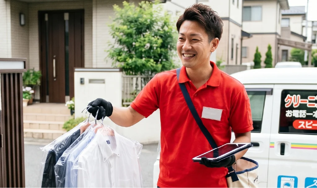 クリーニングの集配訪問サービスで、赤い制服を着て笑顔で仕上がった洋服を届ける日本人男性スタッフ。背景には「クリーニング集配便」と書かれた軽自動車と一軒家の玄関口。
